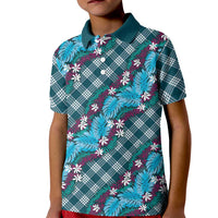 Polynesian Monstera Tiare Floral Kid Polo Shirt Dark Teal Tropical Plaid LT01 Kid Teal - Polynesian Pride