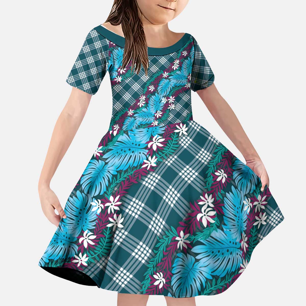 Polynesian Monstera Tiare Floral Kid Short Sleeve Dress Dark Teal Tropical Plaid LT01 KID Teal - Polynesian Pride