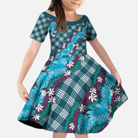 Polynesian Monstera Tiare Floral Kid Short Sleeve Dress Dark Teal Tropical Plaid LT01 KID Teal - Polynesian Pride