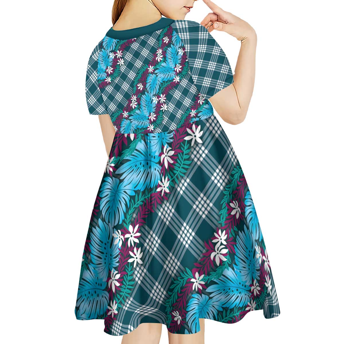 Polynesian Monstera Tiare Floral Kid Short Sleeve Dress Dark Teal Tropical Plaid LT01 - Polynesian Pride