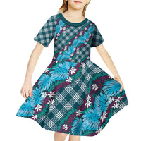 Polynesian Monstera Tiare Floral Kid Short Sleeve Dress Dark Teal Tropical Plaid LT01 - Polynesian Pride