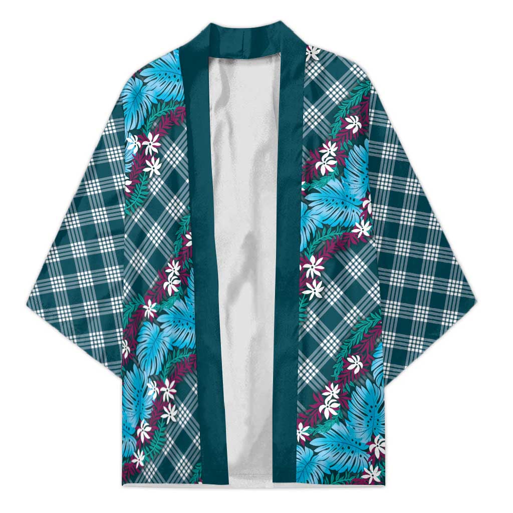 Polynesian Monstera Tiare Floral Kimono Dark Teal Tropical Plaid LT01 Unisex Teal - Polynesian Pride