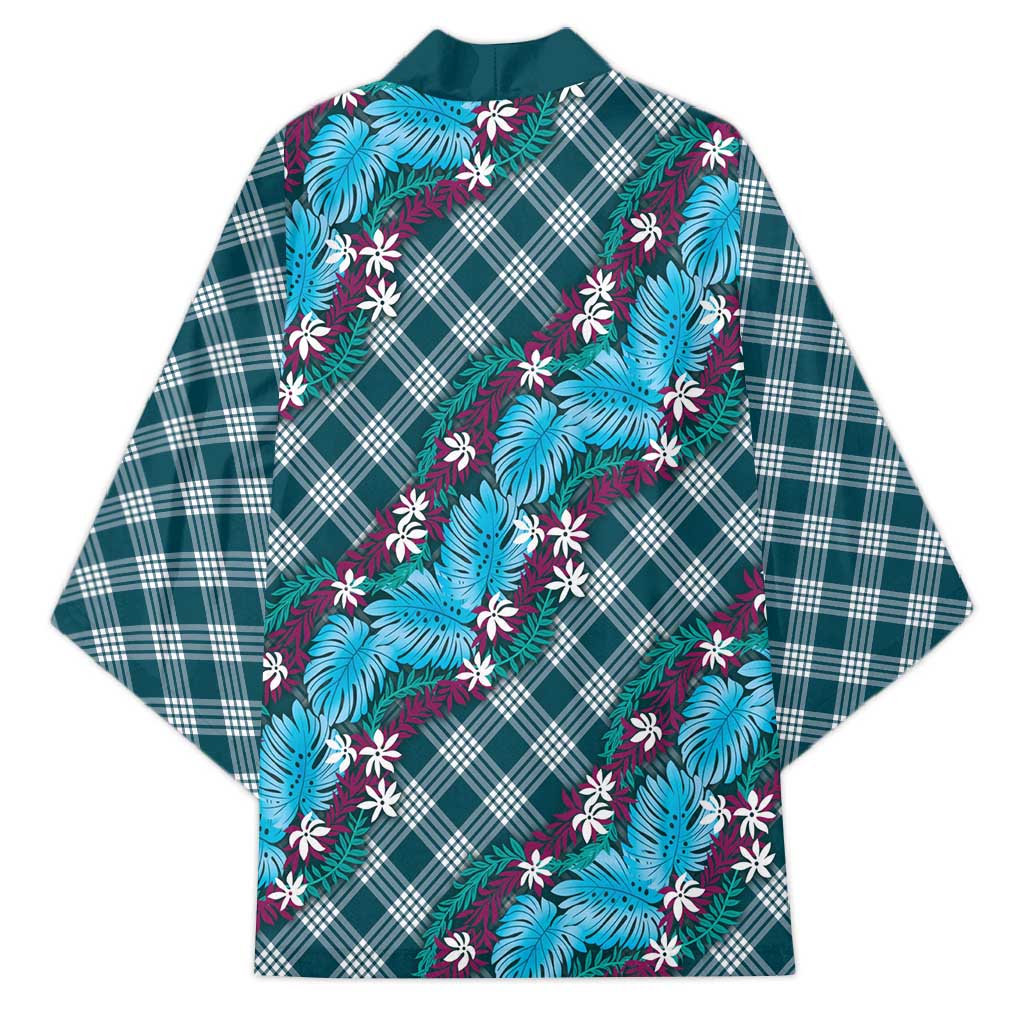 Polynesian Monstera Tiare Floral Kimono Dark Teal Tropical Plaid LT01 - Polynesian Pride