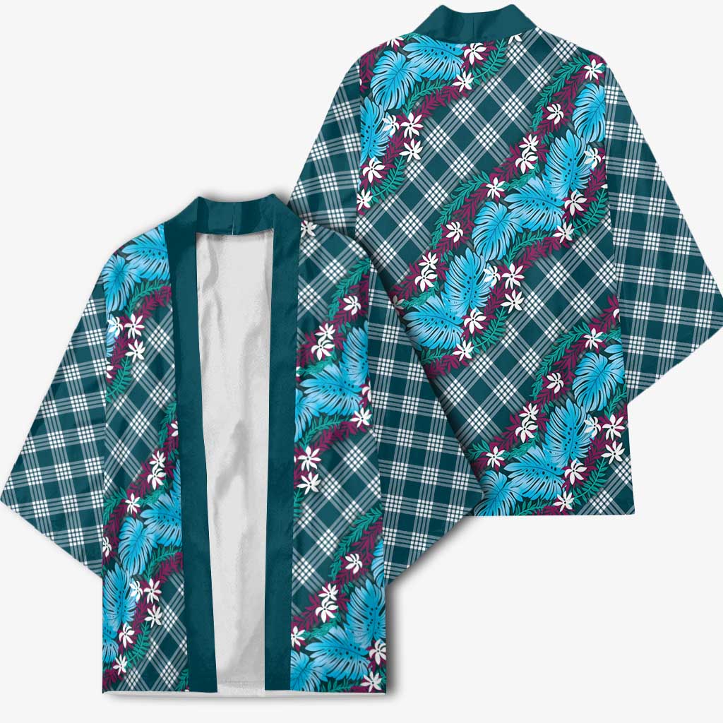 Polynesian Monstera Tiare Floral Kimono Dark Teal Tropical Plaid LT01 - Polynesian Pride