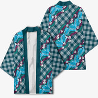 Polynesian Monstera Tiare Floral Kimono Dark Teal Tropical Plaid LT01 - Polynesian Pride