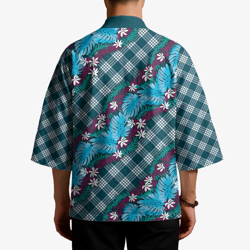 Polynesian Monstera Tiare Floral Kimono Dark Teal Tropical Plaid LT01 - Polynesian Pride