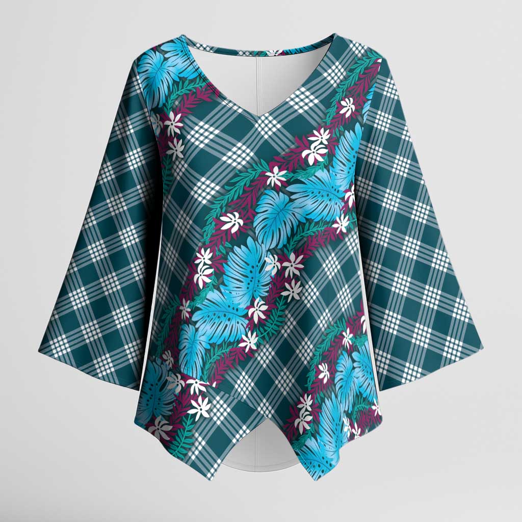Polynesian Monstera Tiare Floral Kimono Sleeve Blouse Dark Teal Tropical Plaid LT01 Female Teal - Polynesian Pride