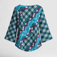 Polynesian Monstera Tiare Floral Kimono Sleeve Blouse Dark Teal Tropical Plaid LT01 - Polynesian Pride
