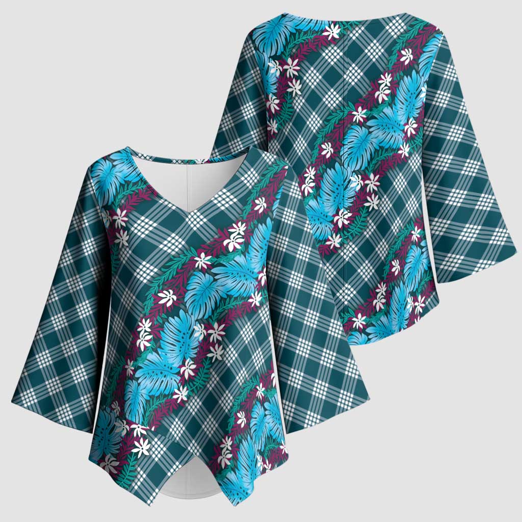 Polynesian Monstera Tiare Floral Kimono Sleeve Blouse Dark Teal Tropical Plaid LT01 - Polynesian Pride