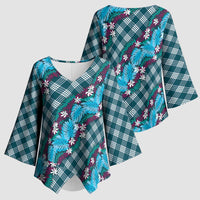 Polynesian Monstera Tiare Floral Kimono Sleeve Blouse Dark Teal Tropical Plaid LT01 - Polynesian Pride