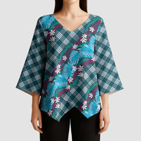 Polynesian Monstera Tiare Floral Kimono Sleeve Blouse Dark Teal Tropical Plaid LT01 - Polynesian Pride