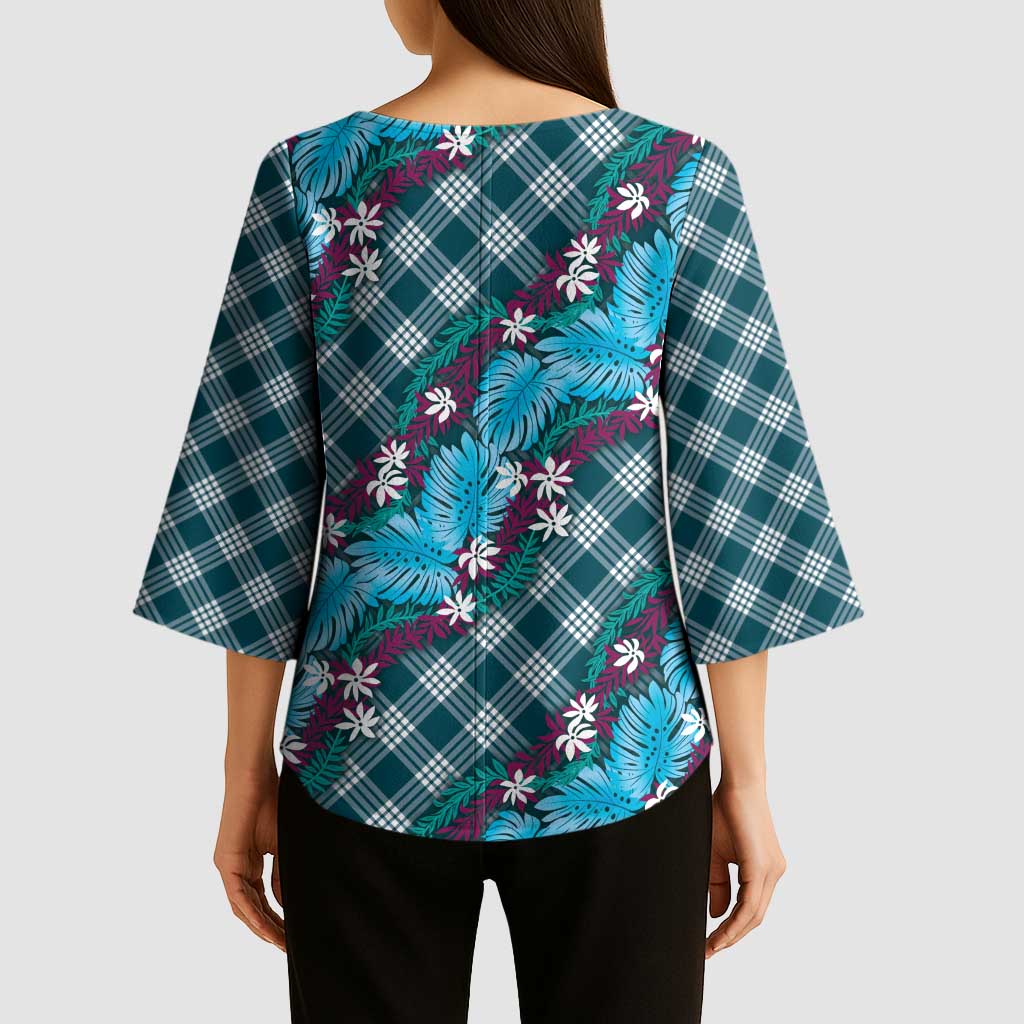 Polynesian Monstera Tiare Floral Kimono Sleeve Blouse Dark Teal Tropical Plaid LT01 - Polynesian Pride
