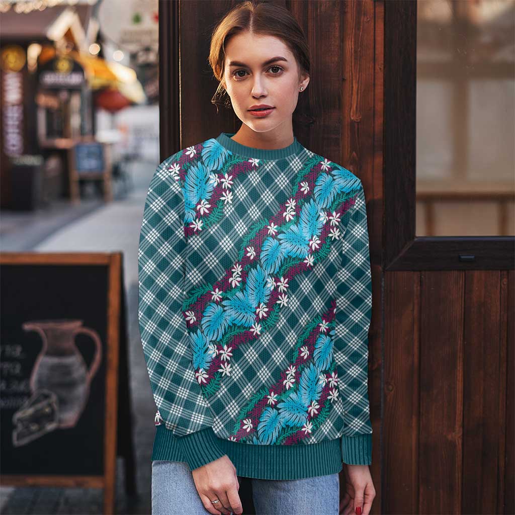Polynesian Monstera Tiare Floral Ugly Christmas Sweater Dark Teal Tropical Plaid - Polynesian Pride