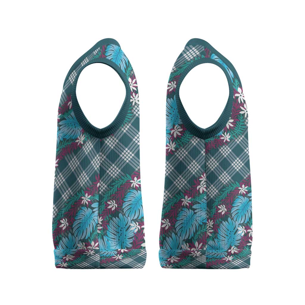 Polynesian Monstera Tiare Floral Christmas Knitted V-Neck Vest Dark Teal Tropical Plaid LT01 - Polynesian Pride