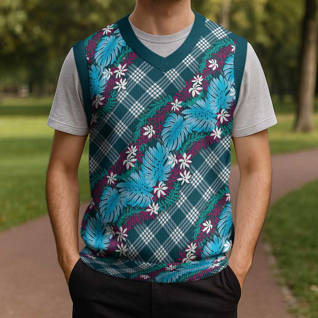 Polynesian Monstera Tiare Floral Christmas Knitted V-Neck Vest Dark Teal Tropical Plaid LT01 - Polynesian Pride