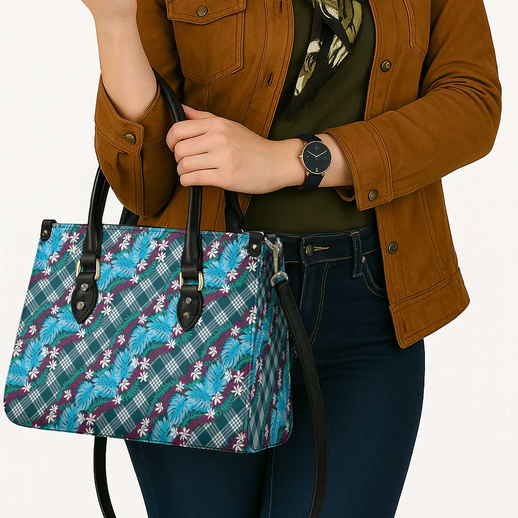 Polynesian Monstera Tiare Floral Leather Bag Dark Teal Tropical Plaid - Polynesian Pride