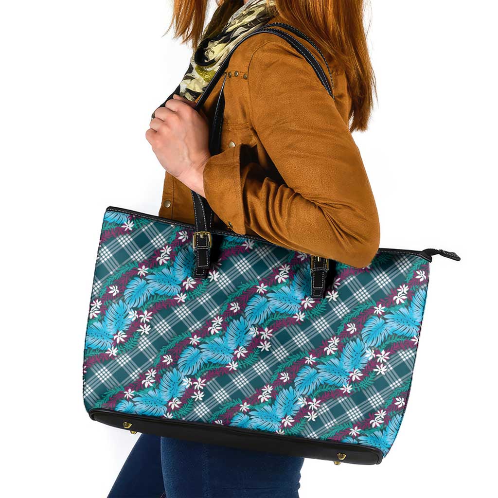 Polynesian Monstera Tiare Floral Leather Tote Bag Dark Teal Tropical Plaid - Polynesian Pride
