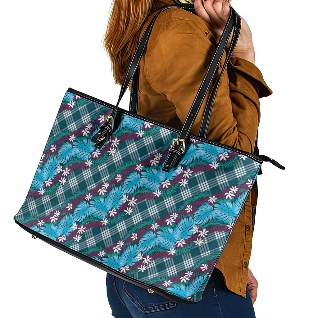 Polynesian Monstera Tiare Floral Leather Tote Bag Dark Teal Tropical Plaid - Polynesian Pride