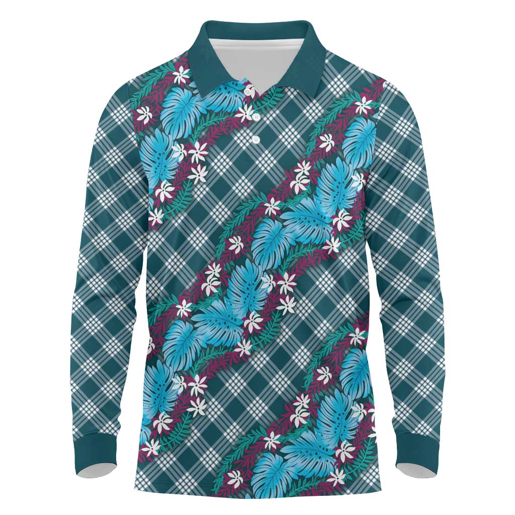 Polynesian Monstera Tiare Floral Long Sleeve Polo Shirt Dark Teal Tropical Plaid LT01 Teal - Polynesian Pride