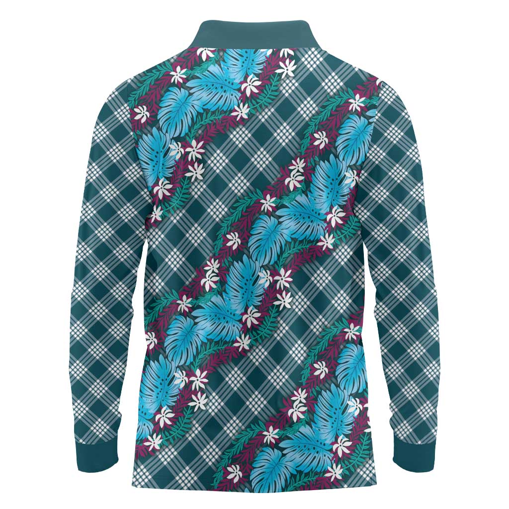 Polynesian Monstera Tiare Floral Long Sleeve Polo Shirt Dark Teal Tropical Plaid LT01 - Polynesian Pride