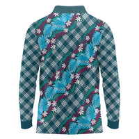 Polynesian Monstera Tiare Floral Long Sleeve Polo Shirt Dark Teal Tropical Plaid LT01 - Polynesian Pride