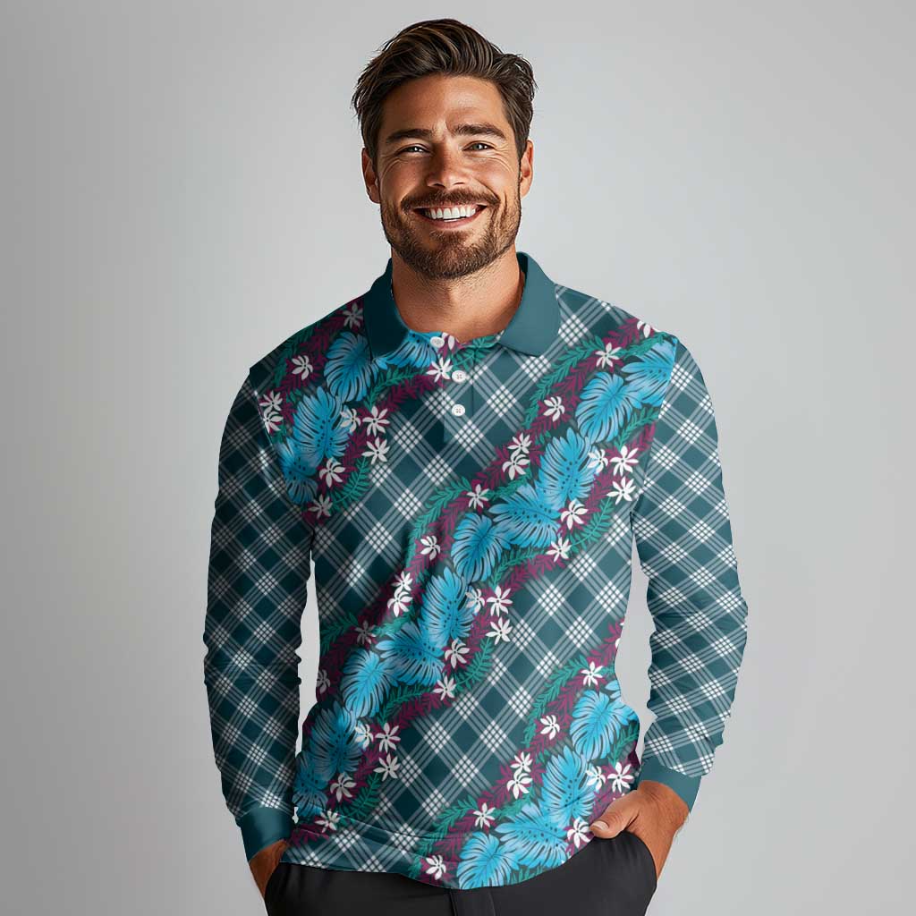 Polynesian Monstera Tiare Floral Long Sleeve Polo Shirt Dark Teal Tropical Plaid LT01 - Polynesian Pride