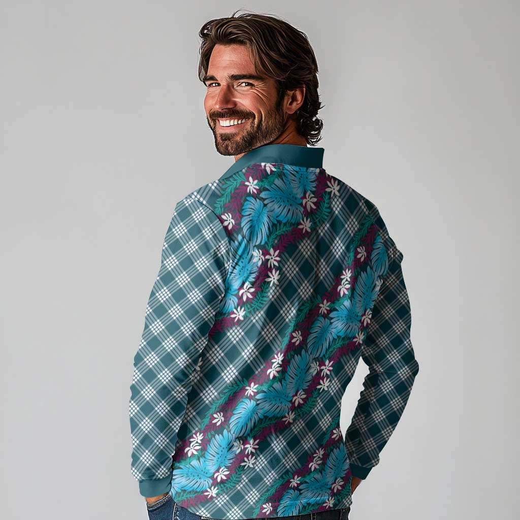 Polynesian Monstera Tiare Floral Long Sleeve Polo Shirt Dark Teal Tropical Plaid LT01 - Polynesian Pride