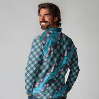 Polynesian Monstera Tiare Floral Long Sleeve Polo Shirt Dark Teal Tropical Plaid LT01 - Polynesian Pride