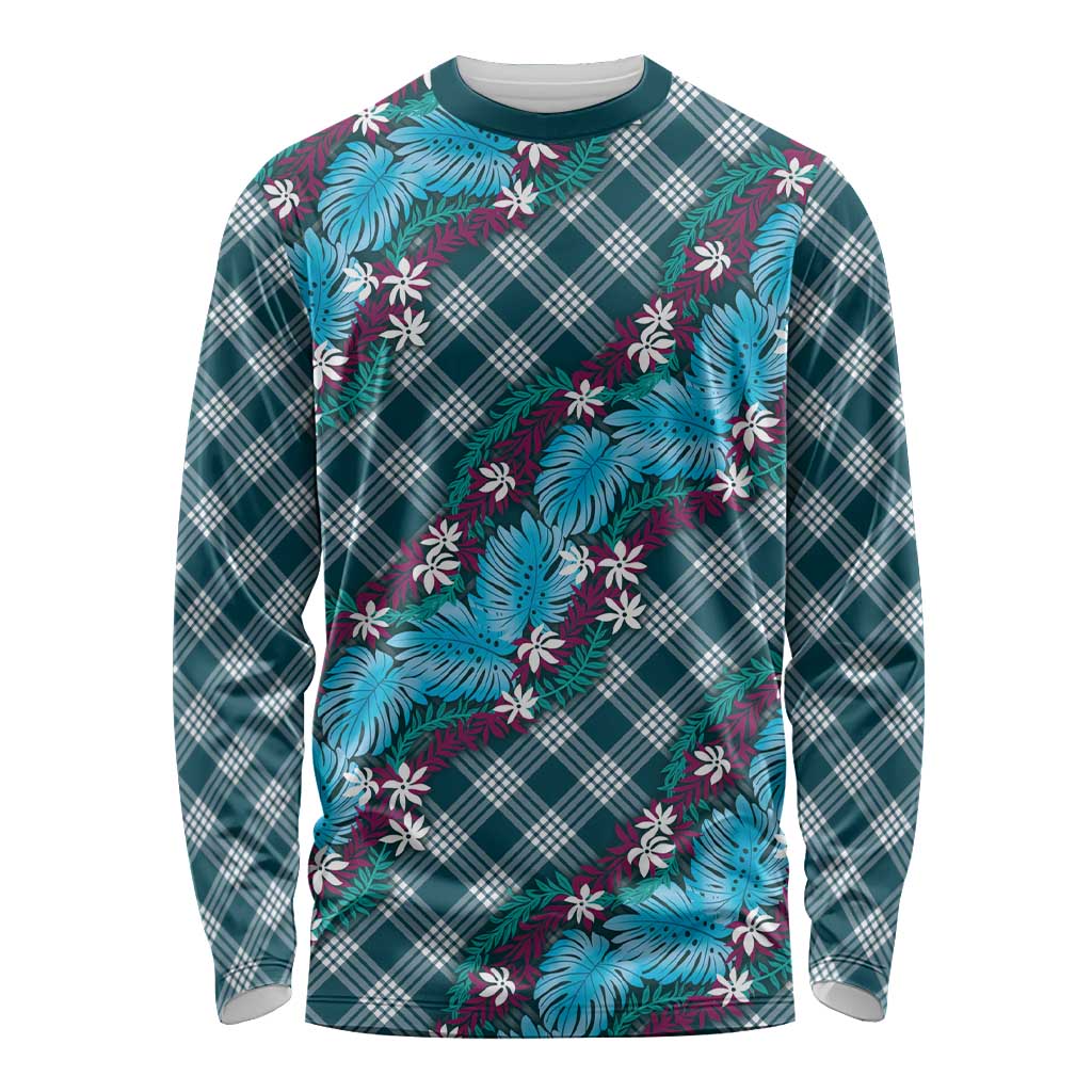 Polynesian Monstera Tiare Floral Long Sleeve Shirt Dark Teal Tropical Plaid LT01 Unisex Teal - Polynesian Pride