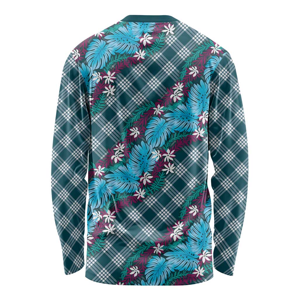 Polynesian Monstera Tiare Floral Long Sleeve Shirt Dark Teal Tropical Plaid LT01 - Polynesian Pride
