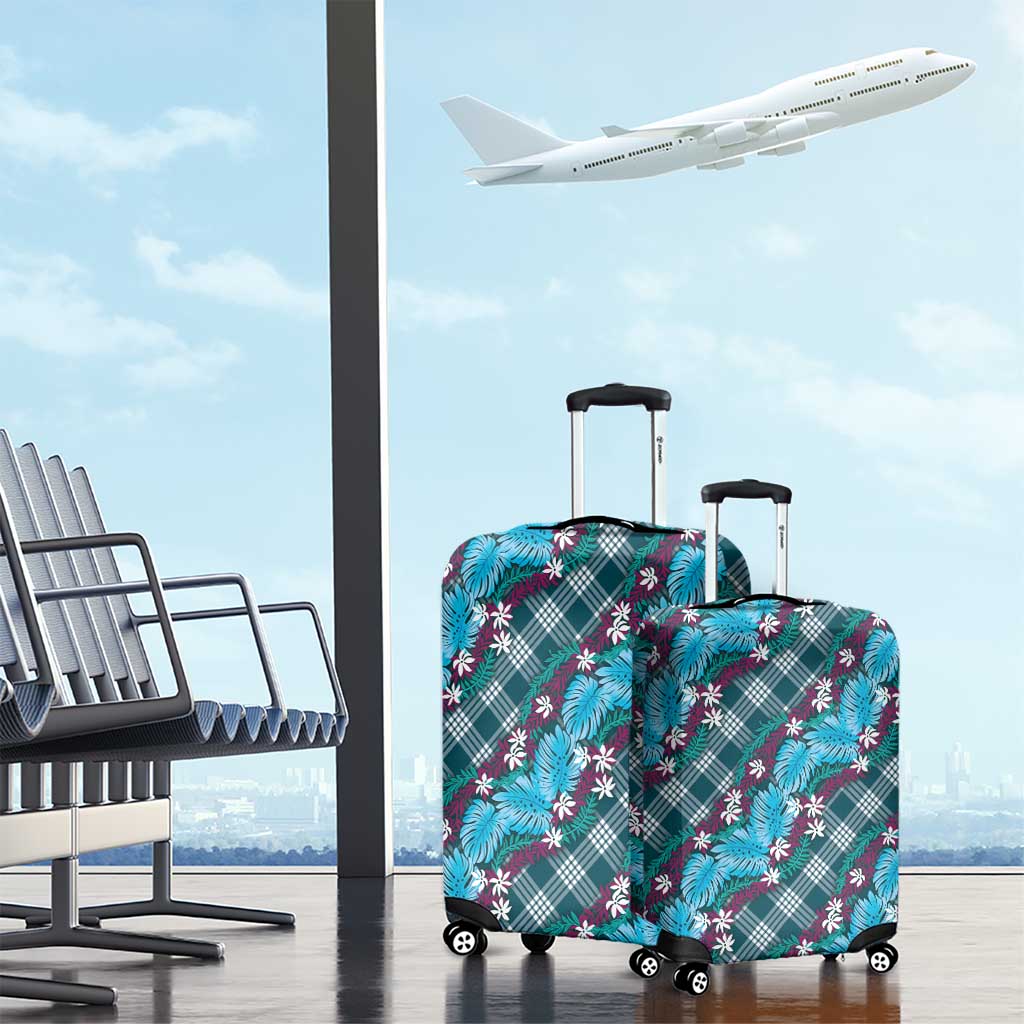 Polynesian Monstera Tiare Floral Luggage Cover Dark Teal Tropical Plaid - Polynesian Pride