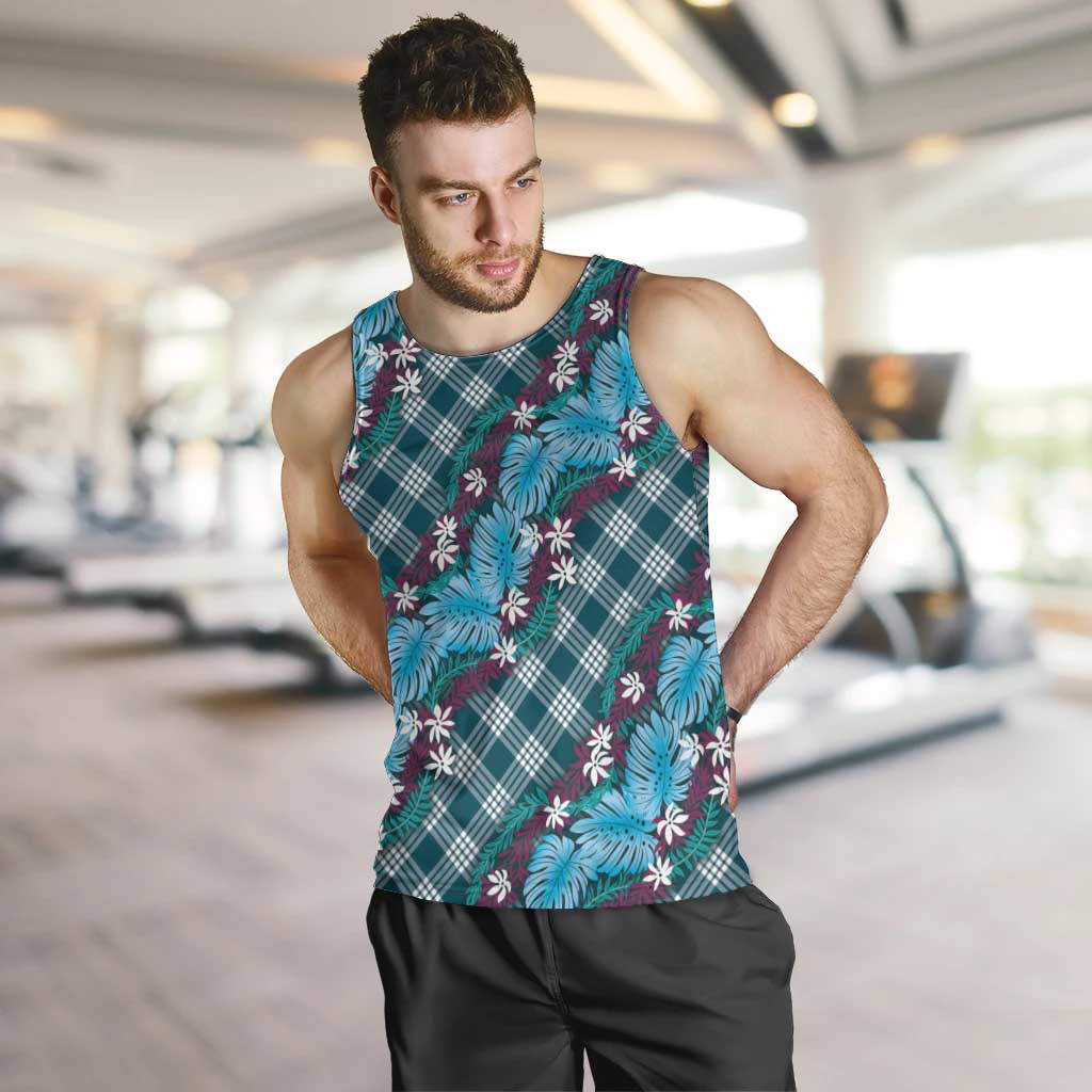 Polynesian Monstera Tiare Floral Men Tank Top Dark Teal Tropical Plaid LT01 Teal - Polynesian Pride