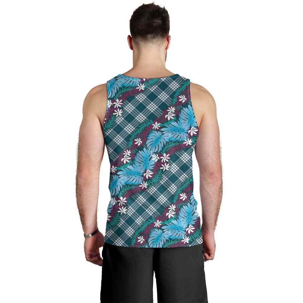 Polynesian Monstera Tiare Floral Men Tank Top Dark Teal Tropical Plaid LT01 - Polynesian Pride