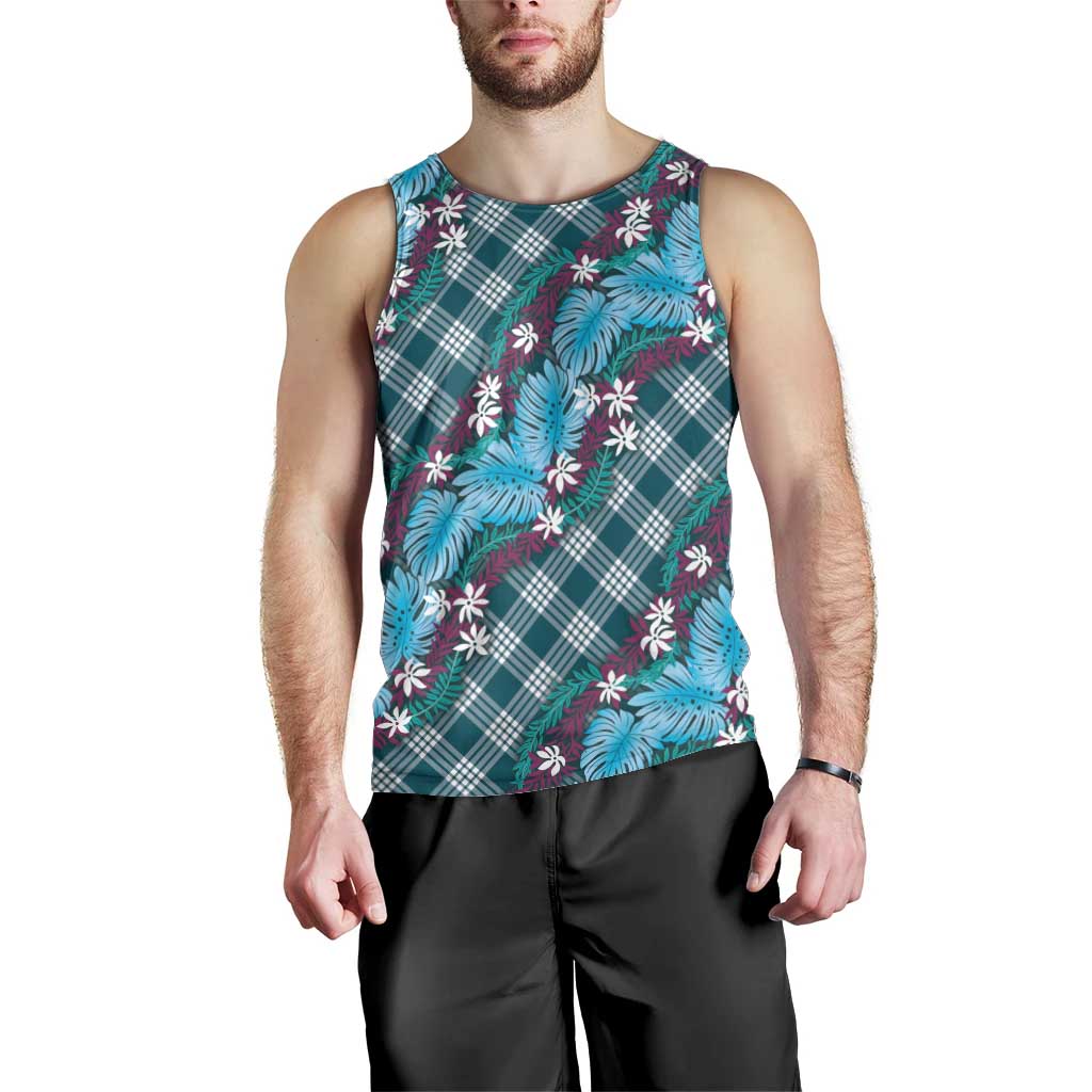 Polynesian Monstera Tiare Floral Men Tank Top Dark Teal Tropical Plaid LT01 - Polynesian Pride