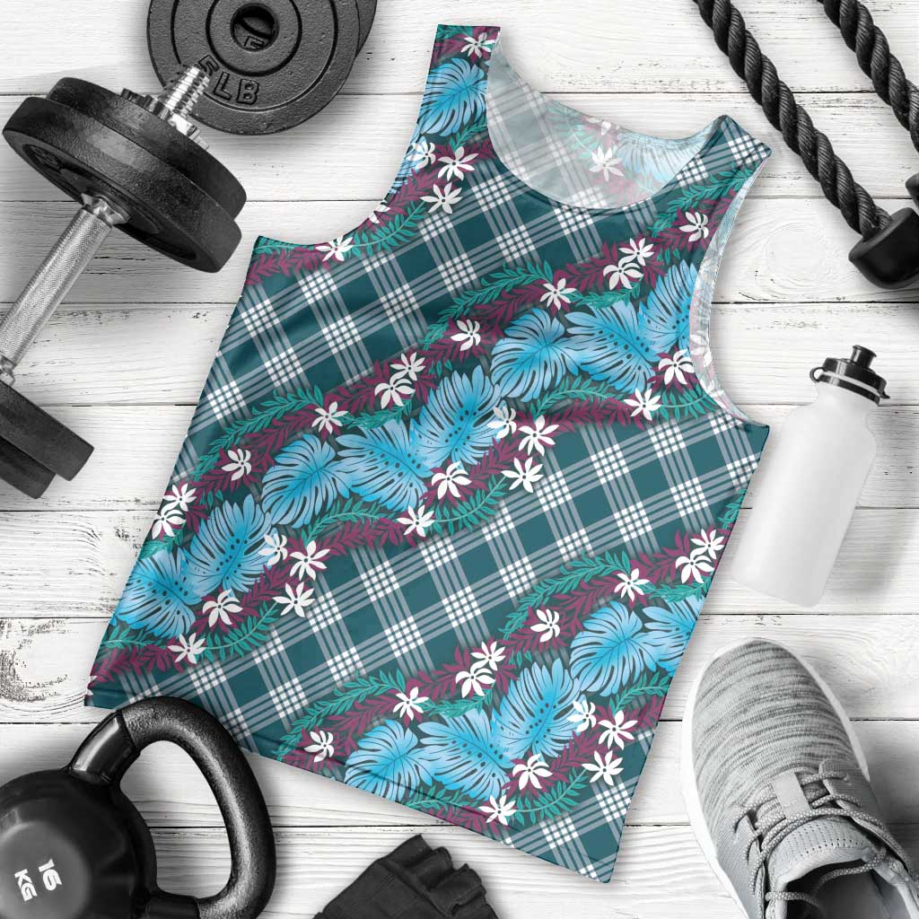 Polynesian Monstera Tiare Floral Men Tank Top Dark Teal Tropical Plaid LT01 - Polynesian Pride