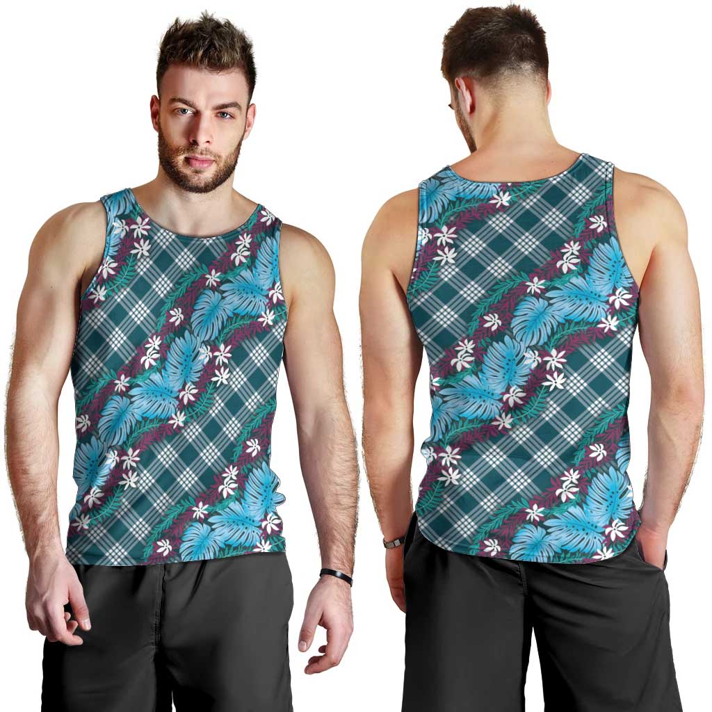 Polynesian Monstera Tiare Floral Men Tank Top Dark Teal Tropical Plaid LT01 - Polynesian Pride