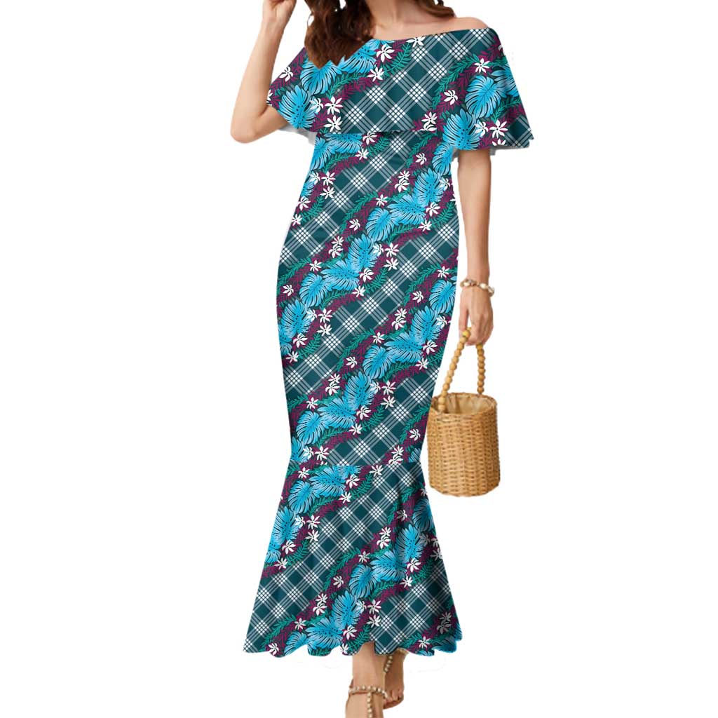 Polynesian Monstera Tiare Floral Mermaid Dress Dark Teal Tropical Plaid LT01 Women Teal - Polynesian Pride