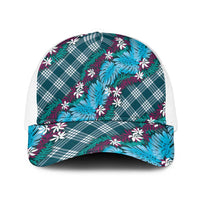 Polynesian Monstera Tiare Floral Mesh Trucker Cap Dark Teal Tropical Plaid - Polynesian Pride