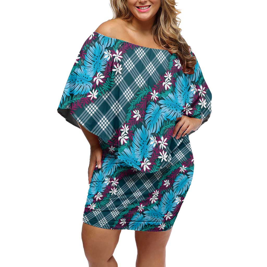 Polynesian Monstera Tiare Floral Off Shoulder Short Dress Dark Teal Tropical Plaid LT01 Women Teal - Polynesian Pride