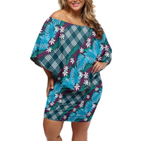 Polynesian Monstera Tiare Floral Off Shoulder Short Dress Dark Teal Tropical Plaid LT01 Women Teal - Polynesian Pride