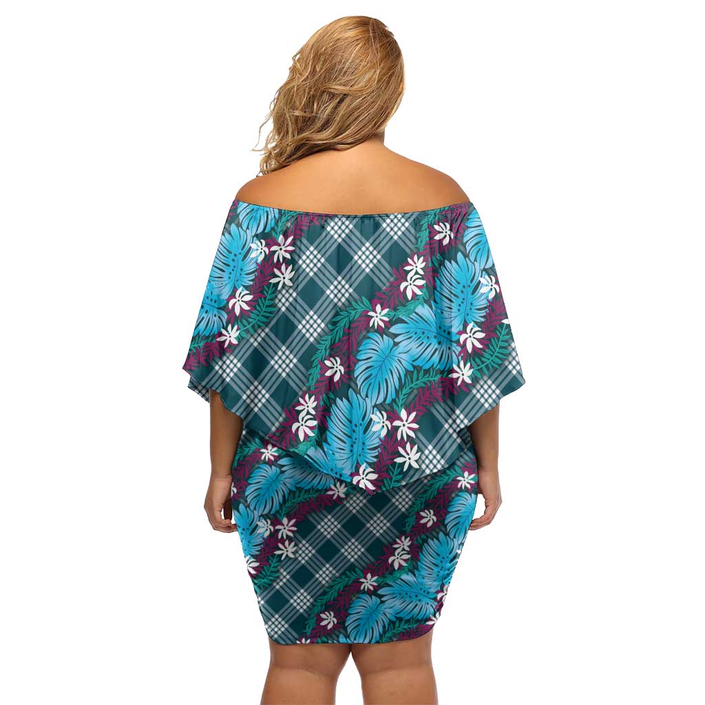 Polynesian Monstera Tiare Floral Off Shoulder Short Dress Dark Teal Tropical Plaid LT01 - Polynesian Pride
