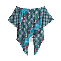 Polynesian Monstera Tiare Floral Off Shoulder Wrap Waist Top Dark Teal Tropical Plaid LT01 Teal - Polynesian Pride
