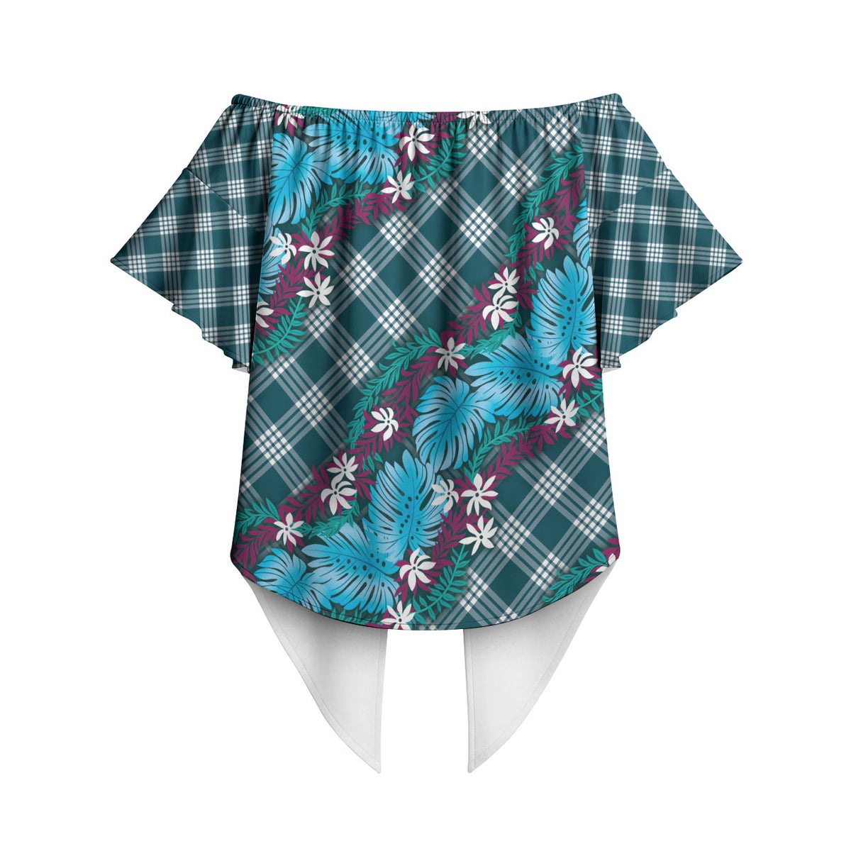 Polynesian Monstera Tiare Floral Off Shoulder Wrap Waist Top Dark Teal Tropical Plaid LT01 - Polynesian Pride