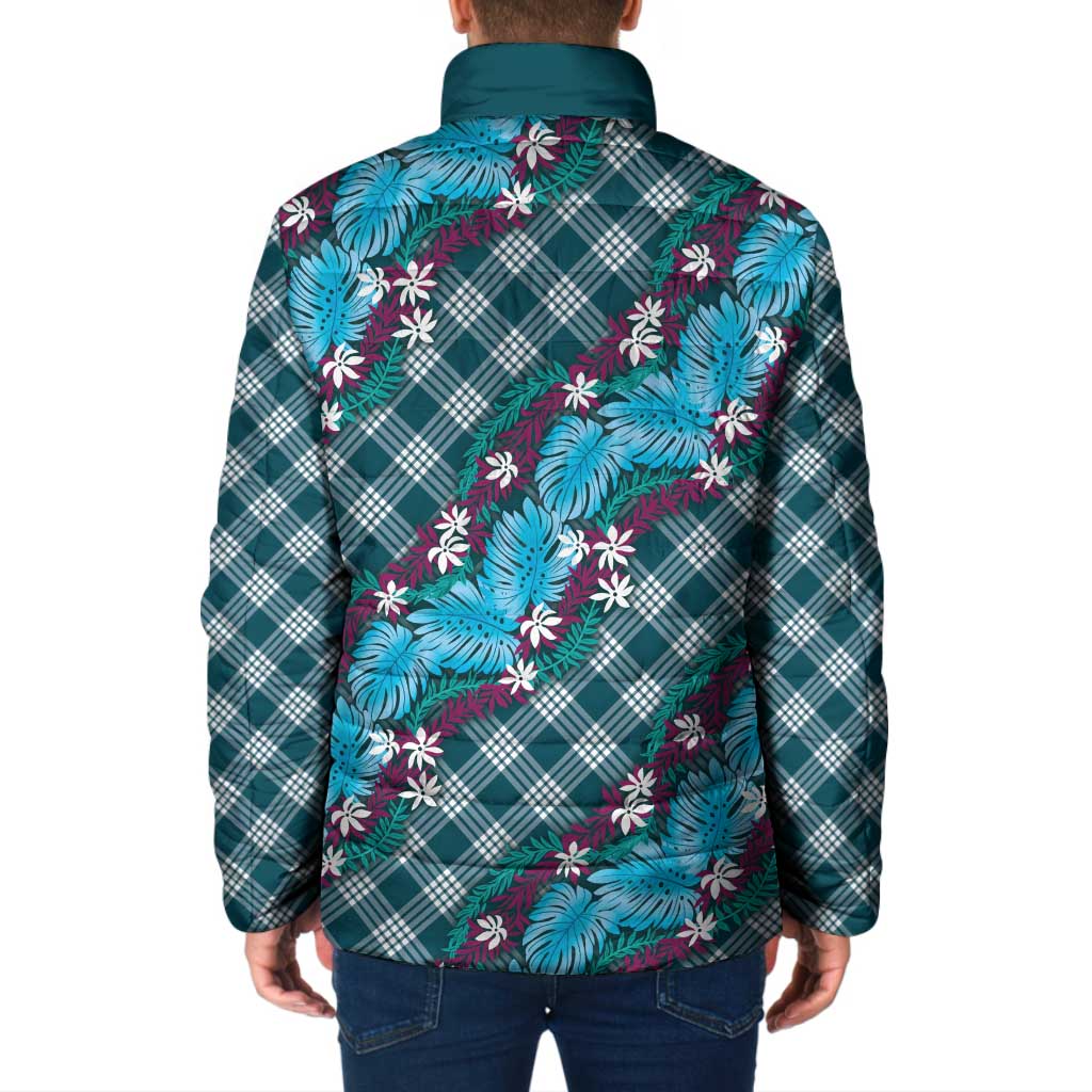 Polynesian Monstera Tiare Floral Padded Jacket Dark Teal Tropical Plaid LT01 - Polynesian Pride