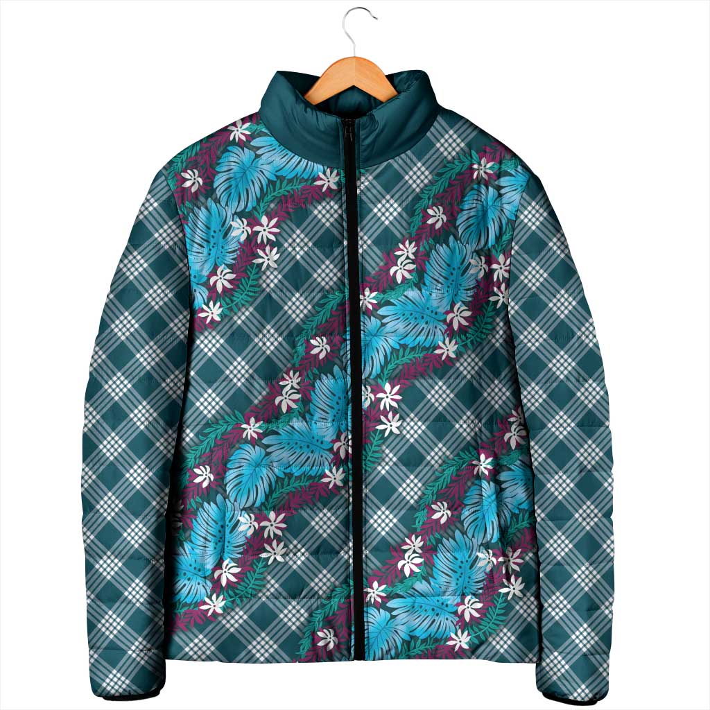 Polynesian Monstera Tiare Floral Padded Jacket Dark Teal Tropical Plaid LT01 - Polynesian Pride