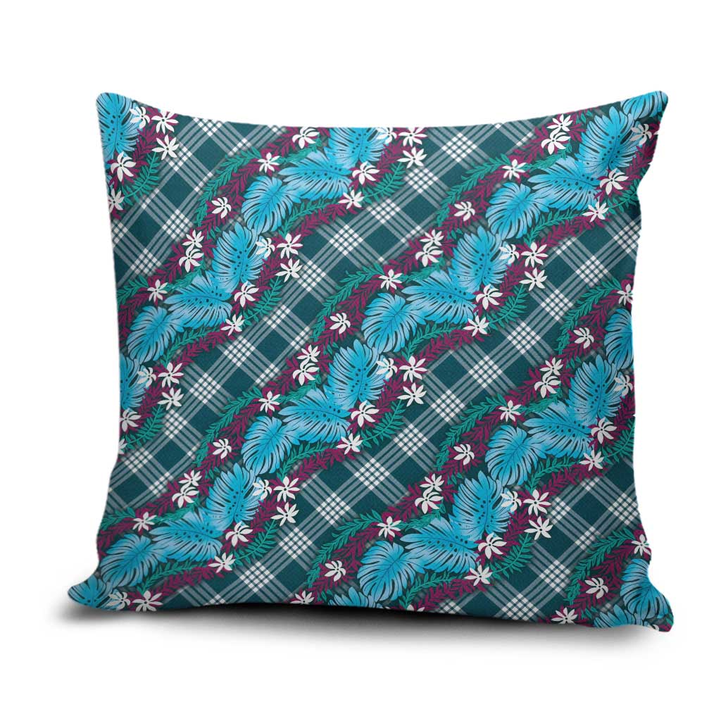 Polynesian Monstera Tiare Floral Pillow Cover Dark Teal Tropical Plaid - Polynesian Pride