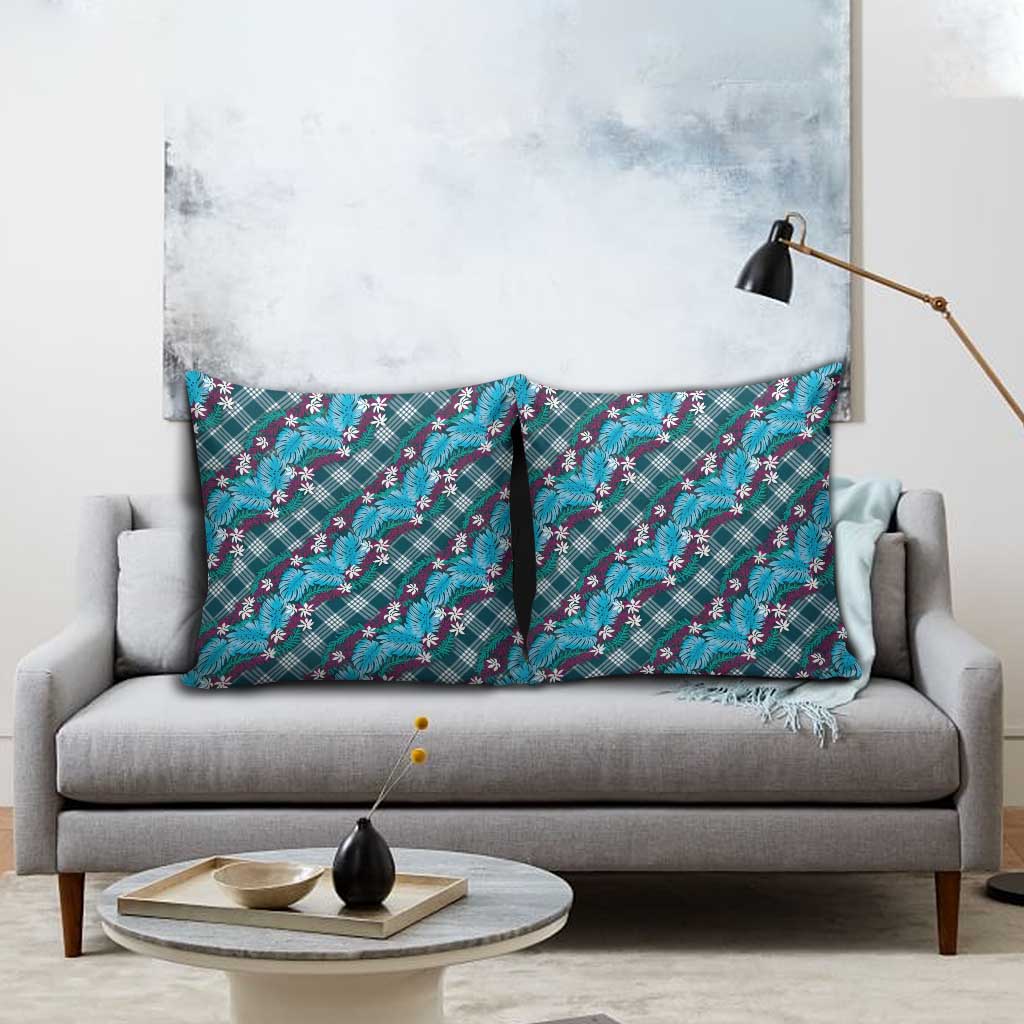 Polynesian Monstera Tiare Floral Pillow Cover Dark Teal Tropical Plaid - Polynesian Pride