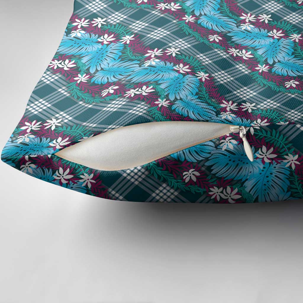 Polynesian Monstera Tiare Floral Pillow Cover Dark Teal Tropical Plaid - Polynesian Pride