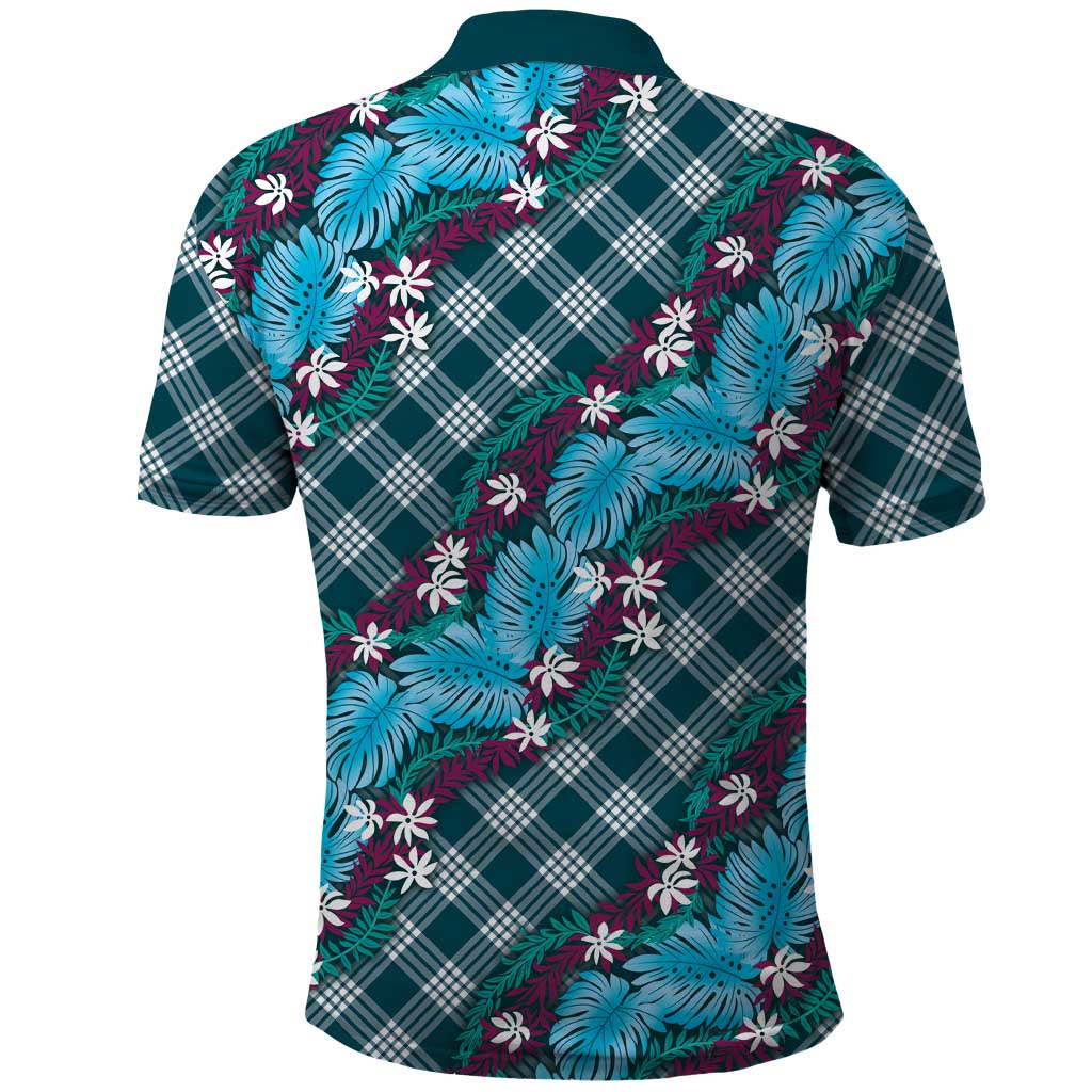 Polynesian Monstera Tiare Floral Polo Shirt Dark Teal Tropical Plaid LT01 - Polynesian Pride
