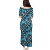 Polynesian Monstera Tiare Floral Puletasi Dark Teal Tropical Plaid LT01 - Polynesian Pride